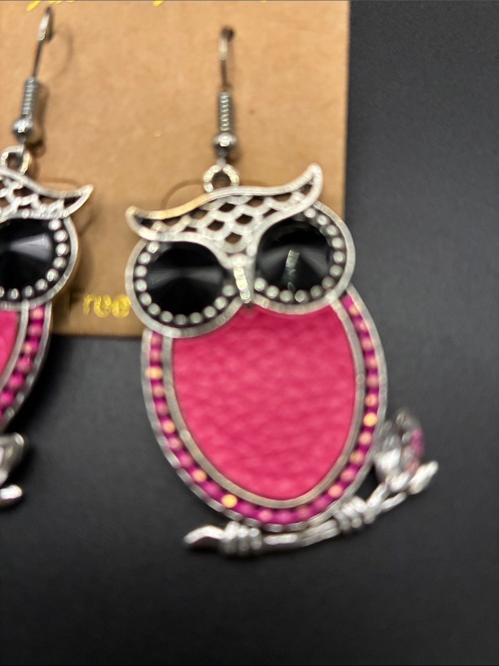 Fashion Jewelry Pink and Black Owl Dangle Earrings - Picture 3 of 4